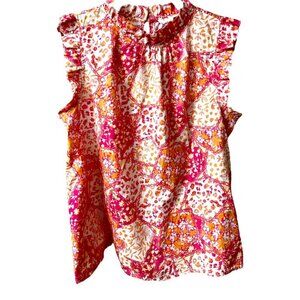 THML Preppy Floral Ruffled Short Sleeve High Neck Pink Orange Blouse Top Size M